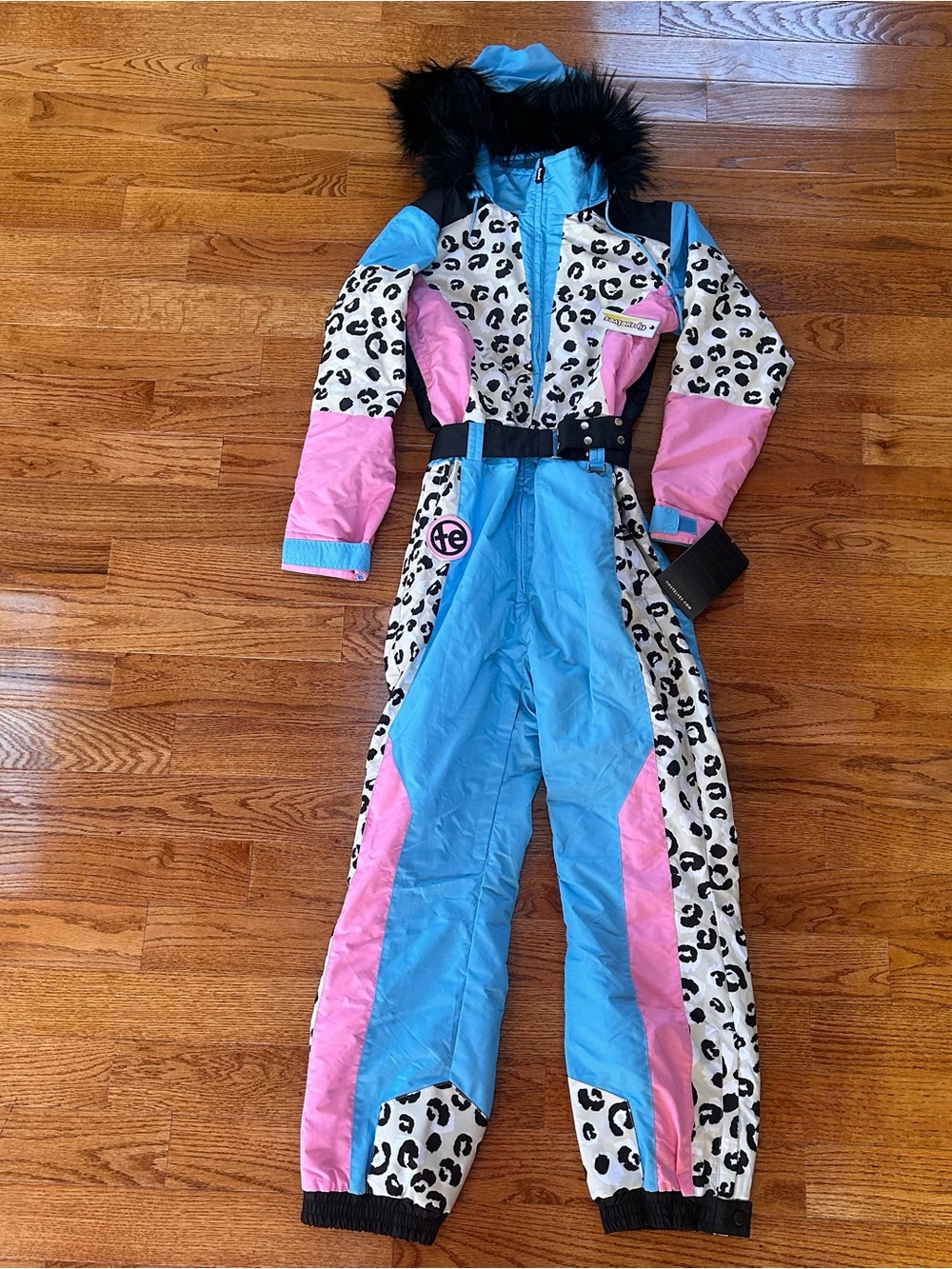 New Tipsy Elves Women Snow Leopard Ski Suit Size Small Blue Pink Pants Bib